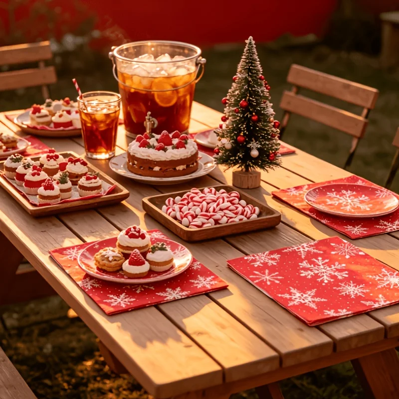 20pcs Disposable Christmas Napkins Red White Snowflake Print, Xmas Tableware for Home Party Decoration