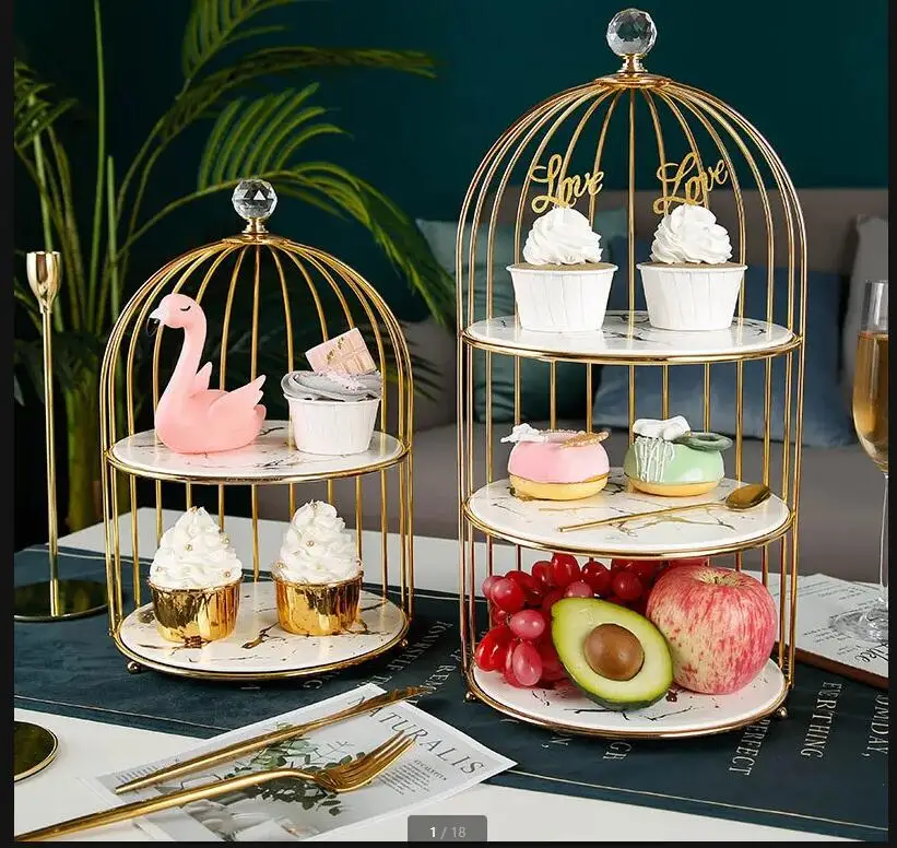 Birdcage Iron Art Ceramic Cake Stand Dessert Table Decoration Display Multi-tier Tray Afternoon Tea Snack Rack