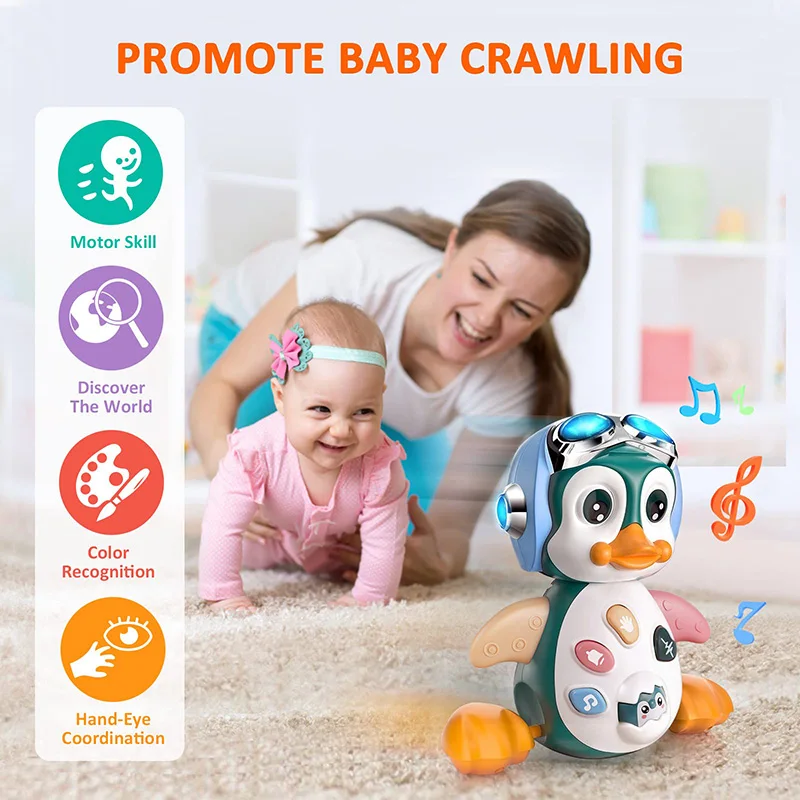 Baby Crawling Toys Musical Penguin Infant Moving Walking Dancing Toys with Light Toddler Interactive Development Tummy Time Gift