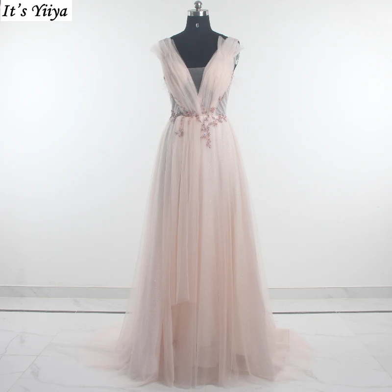 

Evening Dresses 2022 Pink V-neck Tulle Sleeveless Beading Quality Pleat A-line Floor-length Party Wowmen Fromal Dress B1260