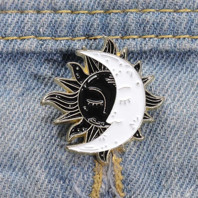 Sun Moon Embrace Enamel Pins Accompanied Falling Asleep Brooches Decorate Shirt Clothes Jewelry Black White Yin Yang Lapel Badge