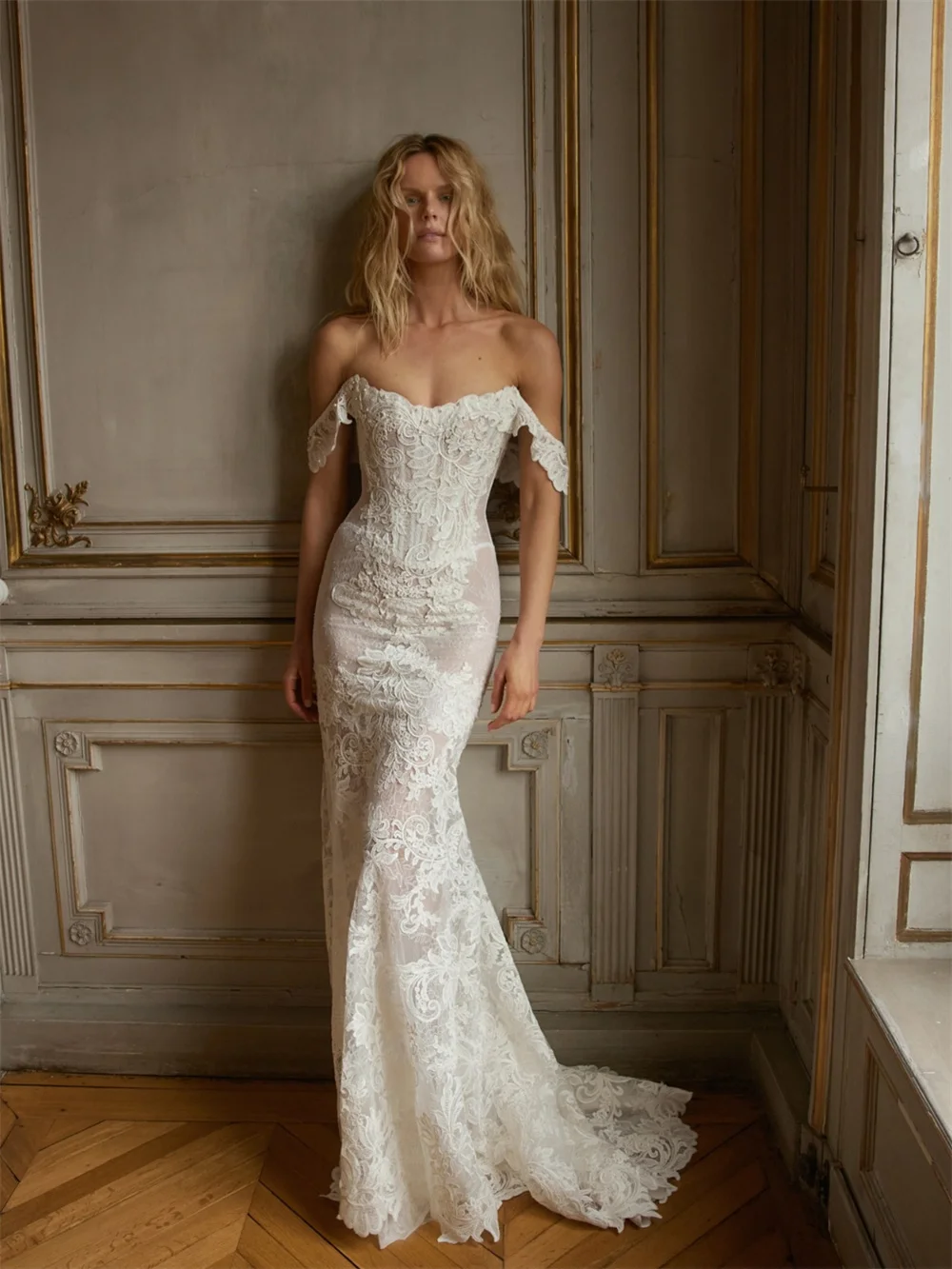 فستان زفاف كيوتو مخصص باللون الأبيض الفاتح مزين بالدانتيل قبالة الكتف حورية البحر vestidos de noiva سويب تراين فساتين سهرة #5