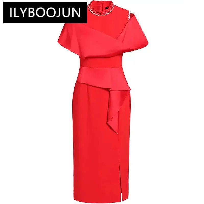 

ILYBOOJUN Fashion Summer Women's Straight Dress Stand Collar Beading High Waiste Splicing luxury vintage Party L-5XL Dresses