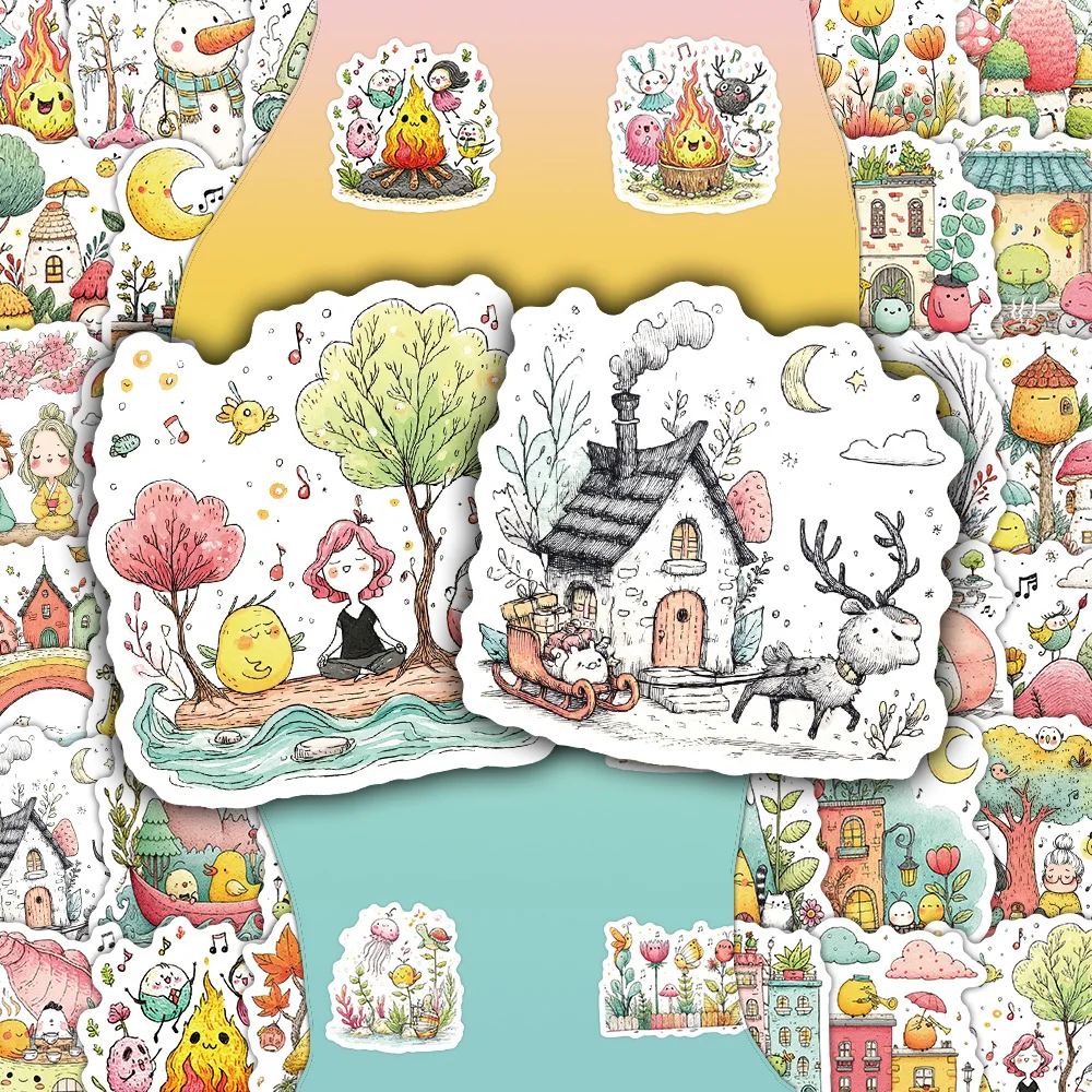 60Pcs Healing Cartoon Small Scene Illustration Stickers Ins Style Aesthetic Quiet Vibe DIY Decor Decals