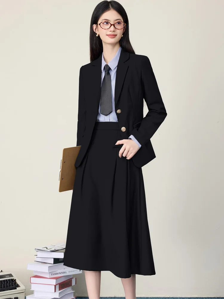 

Черный костюм с юбкой для женщин, весна-осень, легкая деловая повседневная одежда, формальный наряд для собеседований, стиль колледж, комплект из двух предметов.