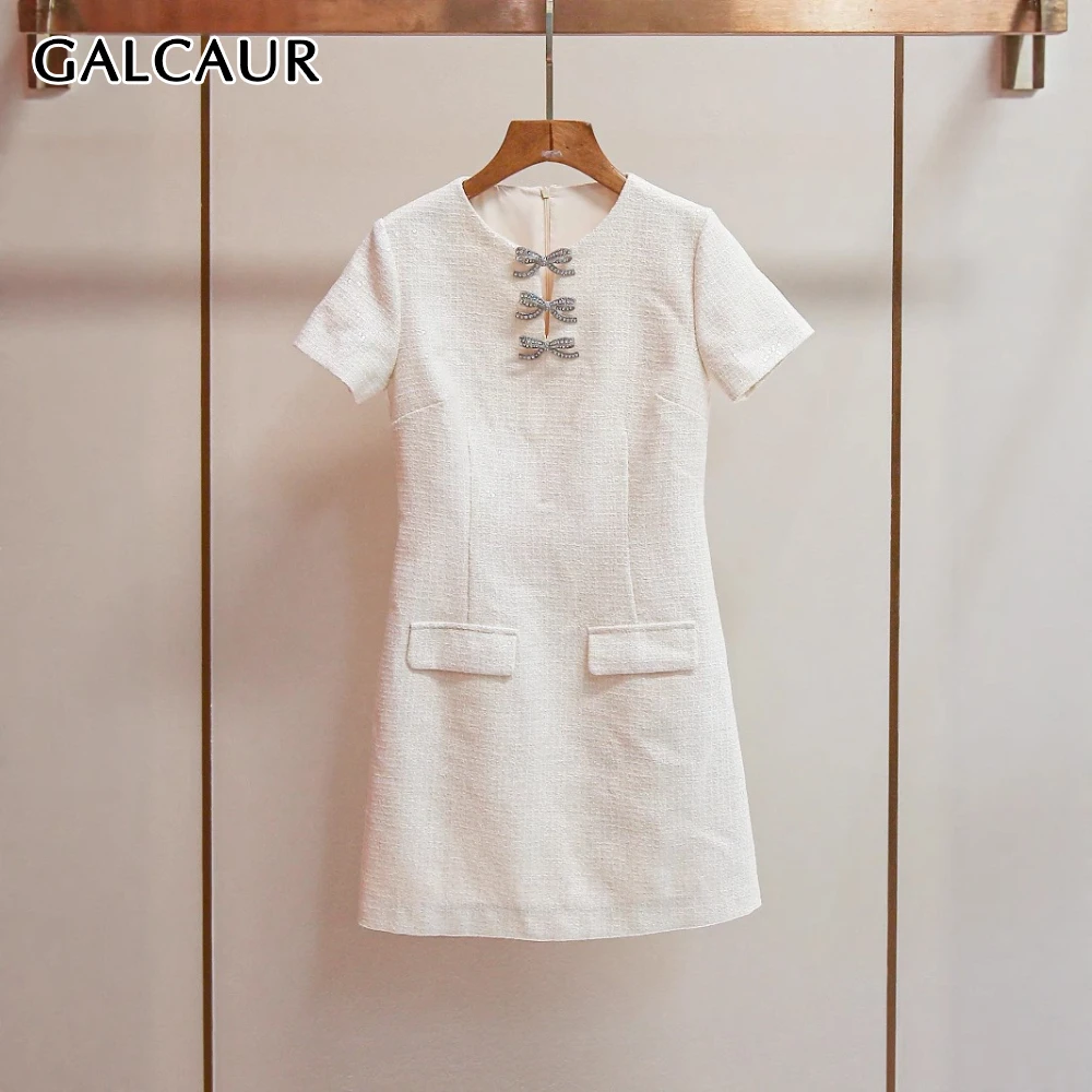 

GALCAUR Blue Spliced Diamond Bowknot Female Dress Round Neck Short Sleeve High Waist Slimming Women's Dresses Fashion Summer New