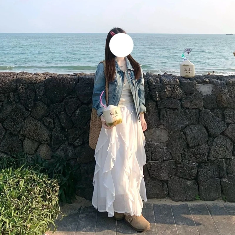 Deeptown Sweet Elegant White Long Skirt Women Fairycore Korean Style Lace Ruffle Skirt Asymmetrical Retro Street Layered Skirts