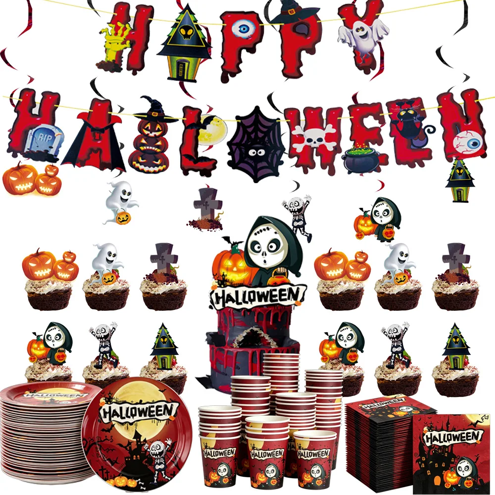 Halloween Party Supplies Tableware Skeleton Ghost Paper Plates Napkins Cups Cake Topper and Happy Halloween Banners Decorations