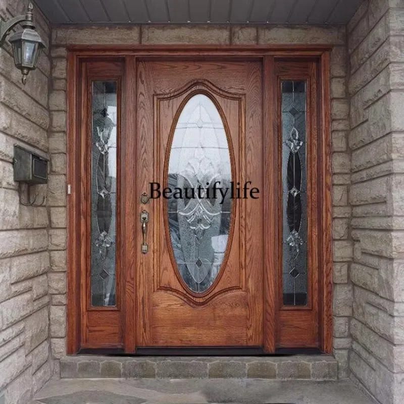 K153   Customization Luxury House Entrance Traditional Designs Half Oval Glass Wooden Exterior Front Door