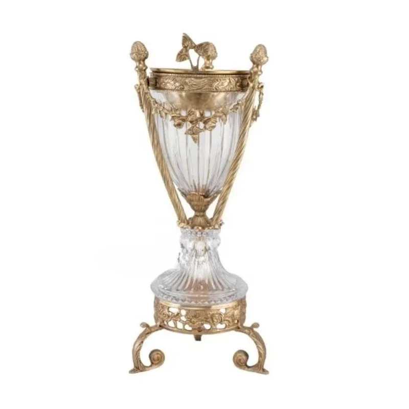 

Antique brass and crystal incense burner with sumptuous wreath design and luxuriously decorated interior centerpiece