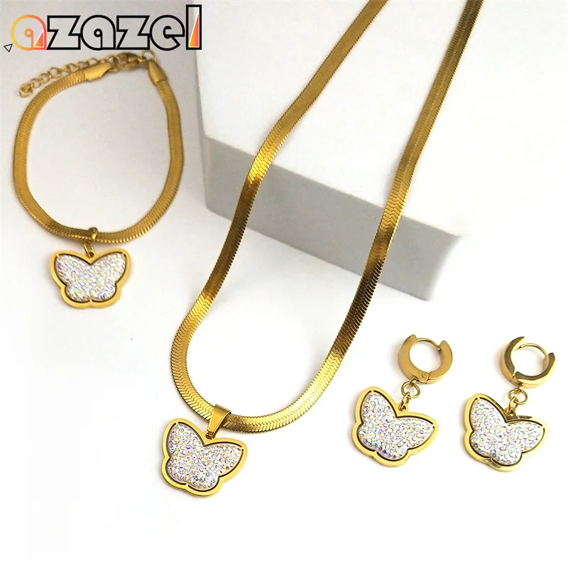 

Fashion Crystal Butterfly Necklace Jewelry Set for Women Stainless Steel Hoop Earring Necklaces Bracelet Party Anniversary Gift