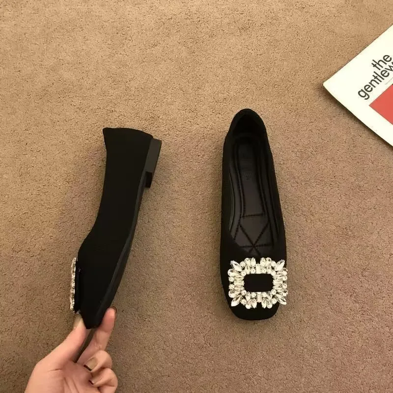 Flat Bottomed Women's Single Shoes With Breathable Soft Sole, Anti Slip Rhinestone Square Buckle, Shallow Mouth Women's Shoes