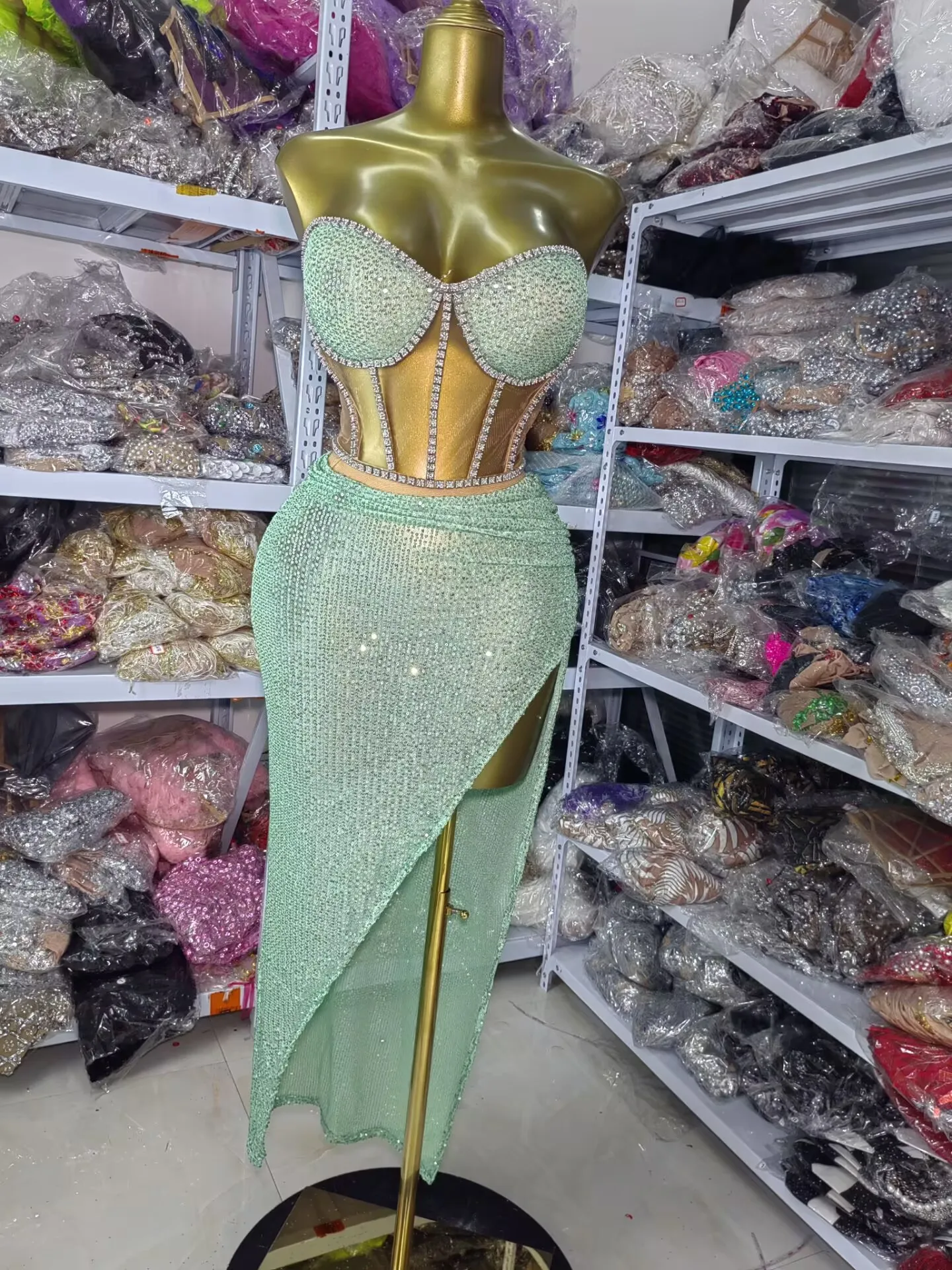 

Women Summer Birthday Dress Luxury Strapless Diamonds Sequines Corset Top And Asymmetric Skirt Two Piece Sets Evening Club Party