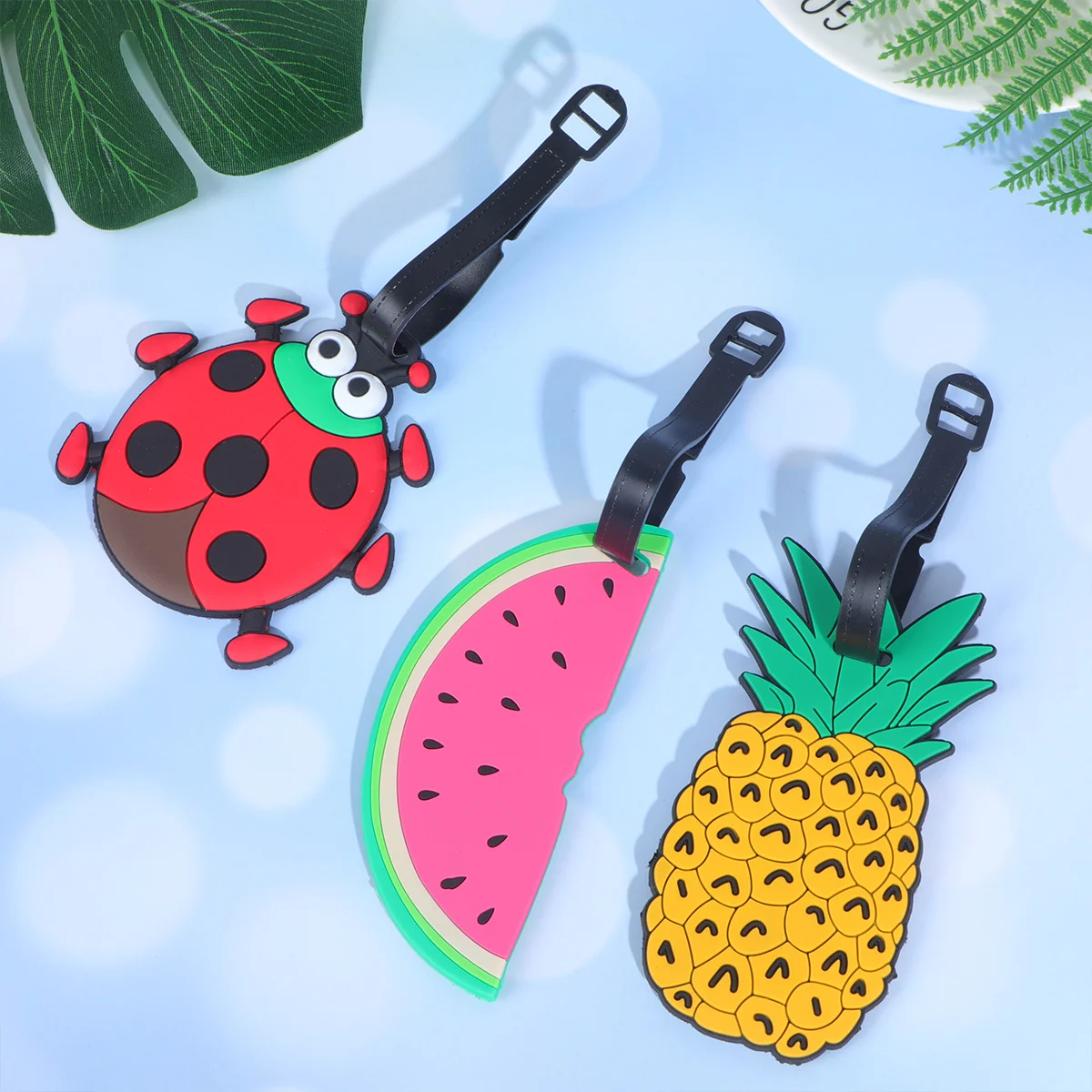 

3 шт., милые багажные бирки из ПВХ, идентификационные этикетки, насекомые, арбуз, черный ананас, прочный, легкая очистка, письмо, имя, адрес