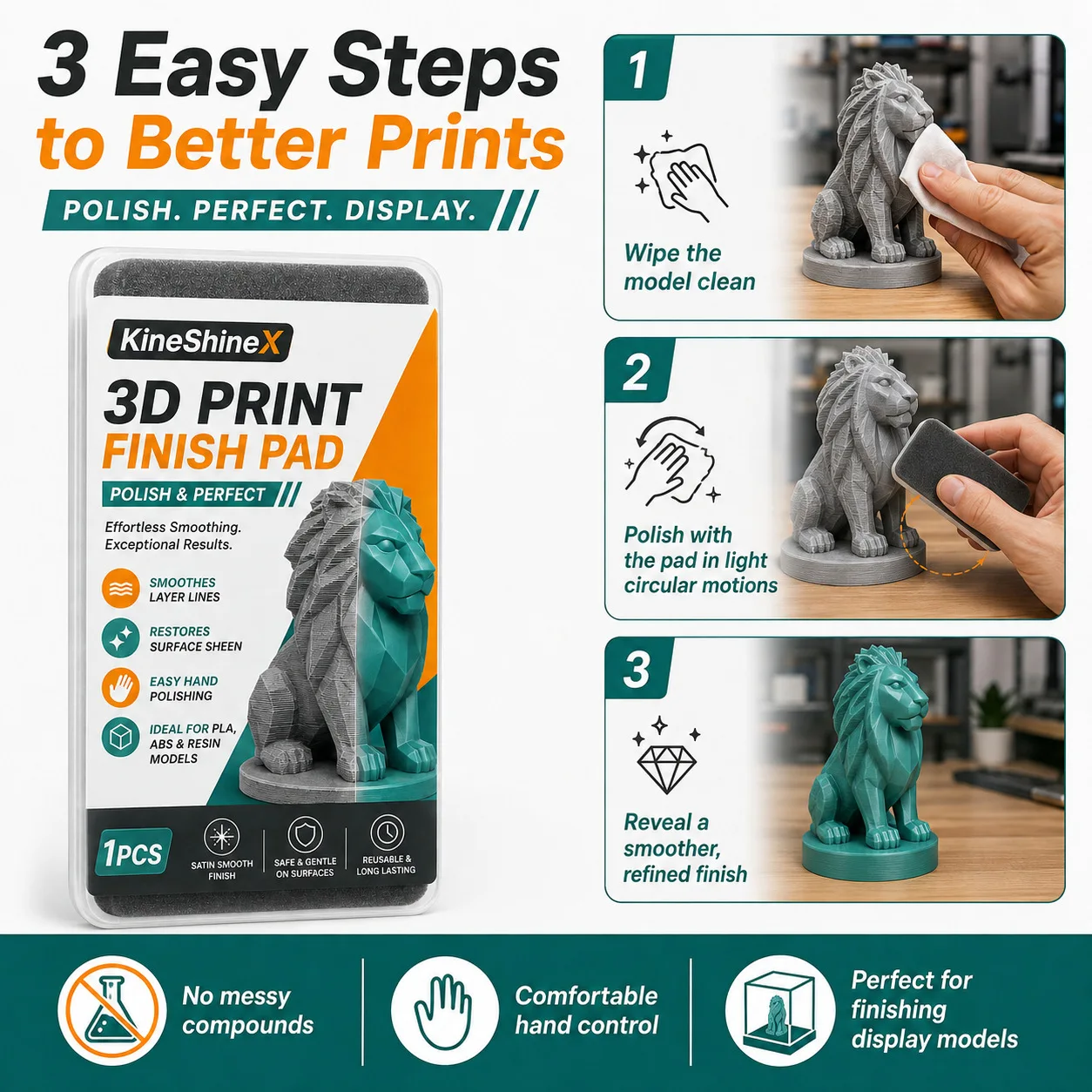 1 Stück/2 Stück 3D-Druck-Finish-Pad, wiederverwendbarer Polierschwamm für PLA- und ABS-Harzmodelle, Handglättungswerkzeug für Schichtlinien und Requisiten – Detail 3