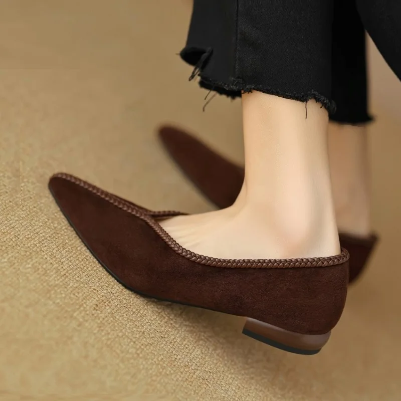 Woman Flat Shoes French Style Daily Simple Shoes Sheepsuede Retro Flats Pointed Toe Spring Autumn Footwear On Low Heels