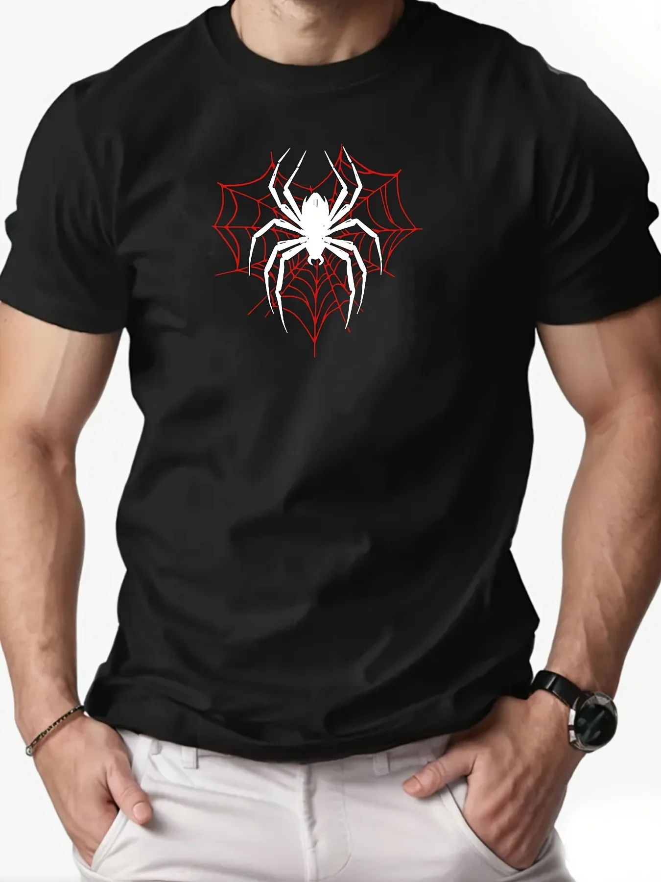 

Men's Spider Pattern Cotton T-shirt -100% Cotton Casual Round Neck T-shirt with Slight Elasticity - Summer Knitted Fabric Top