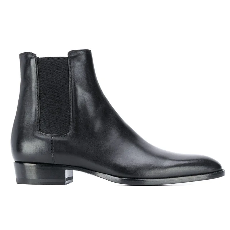 Men Chelsea Boots Black High-quality Leather Pointed Toe Mid-heel Fashion Business Casual Classic Slip-on Men Boots