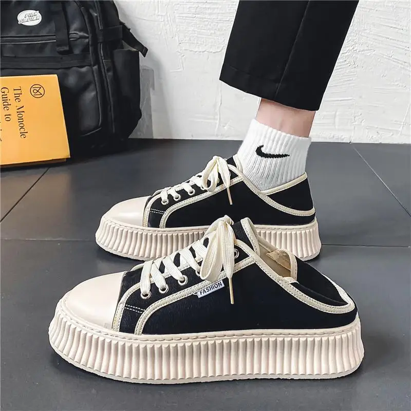 

Men's Canvas Shoes Summer Breathable Slip-On Thick Bottom Slipper Casual Fashion Korean Style EVA Upper Rubber Sole