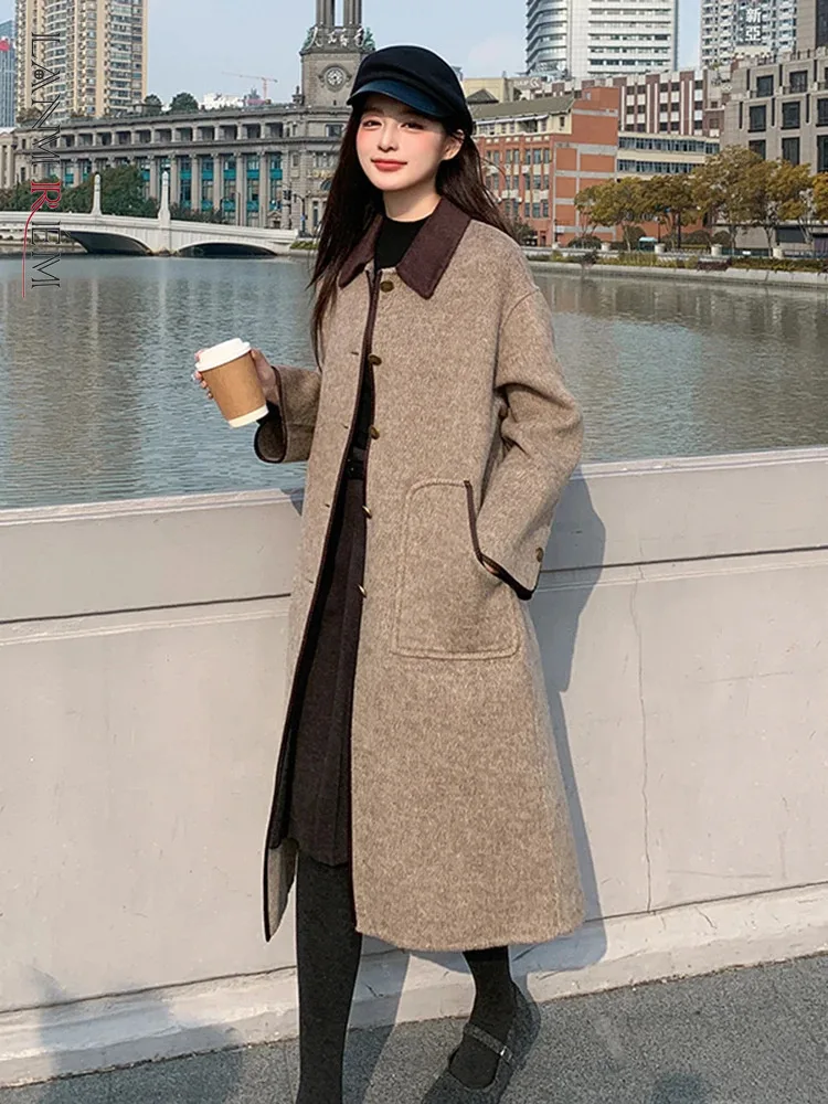 LANMREM Wool Double-sided Coat With Brown Collar Contrast Color Single Breasted Woolen Coats Office Lady Fashion New 2DB1432