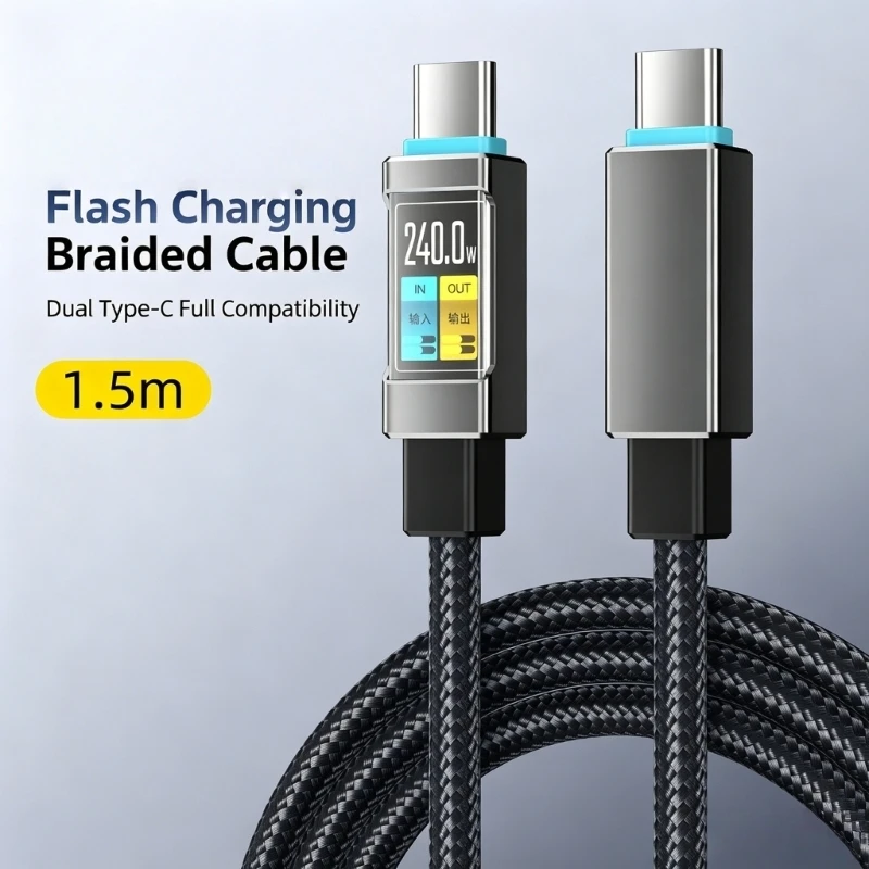 USB C Charging Cable 240W Fast 1.5M Textile Type C Data Cable with 480Mbps Transfer for Sofa, Bedside and Office F19E