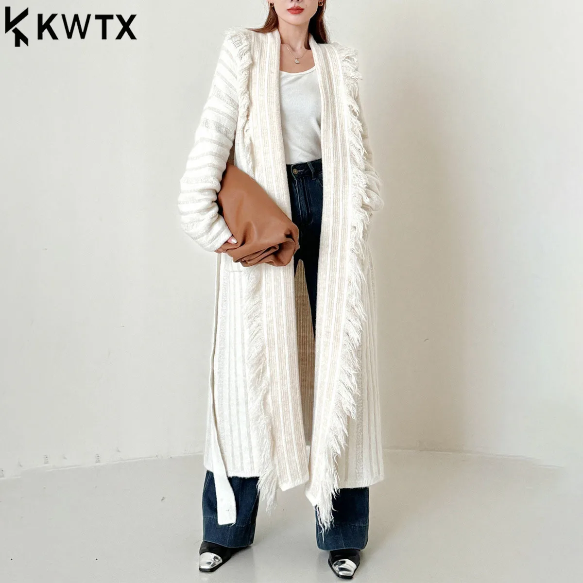 

KWTX женский длинный толстый вязаный кардиган из 100% шерсти с v-образным вырезом и поясом с кисточками в стиле пэчворк, шикарный элегантный ретро 202, осень-зима, новый уютный