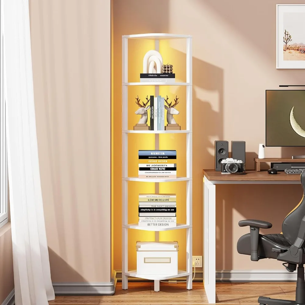 

Corner Shelf with LED Light, 6-Tier Corner Bookshelf for Small Space, Narrow Display Corner Shelf Stand with Storage Rack, for