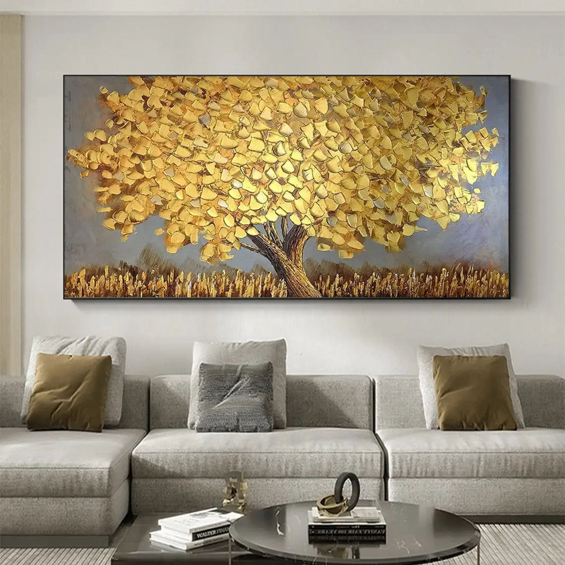 Big Gold Tree Oil Painting Hand Painted Original Large Abstract Gold Foil Tree Landscape Paintings Canvas Modern Wall Art Decor