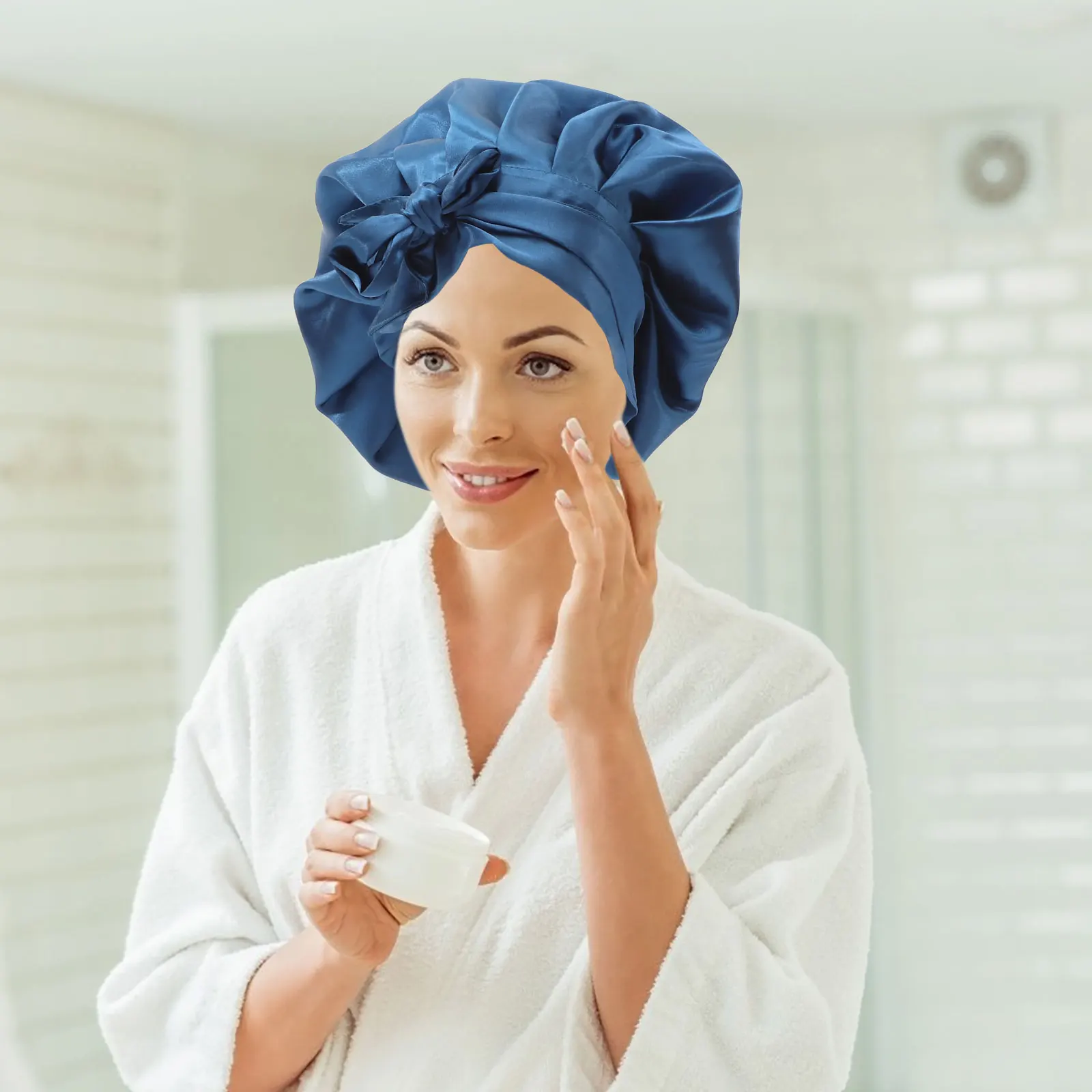 

Comfortable Satin Sleeping Hat Women Bowknot Ribbon Bonnet Supple Portable Hair Protection Bath Hat Bowknot Ribbon Bonnet