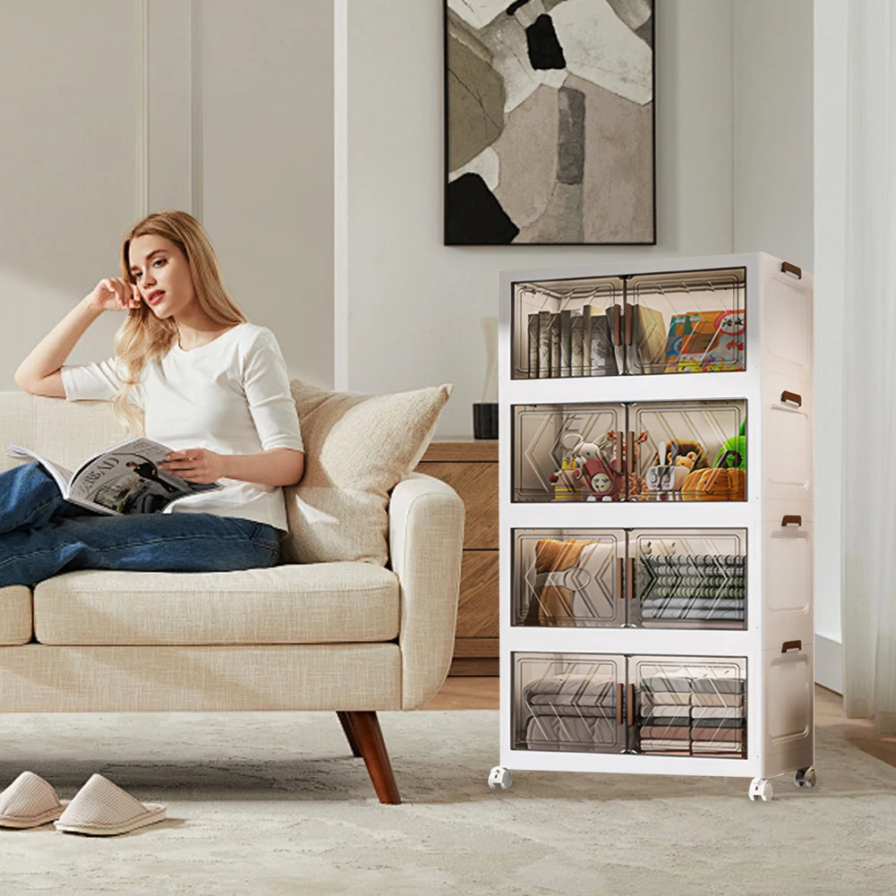 4 Tier Plastic Storage Containers with Doors & Wheels Foldable Organization Folding Storage Cabinet Shelf for Home Office Dorm
