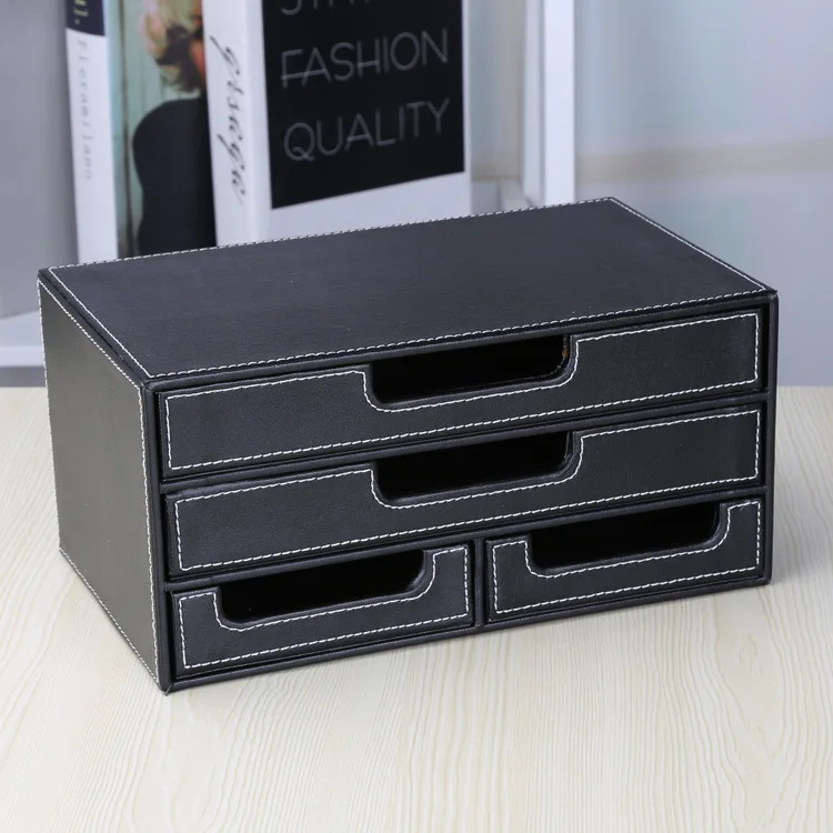 Black Leather Small Four Drawer File Cabinet Desktop Stationery  Multi-organization Cabinet Bill Envelope Storage Cabinet Drawer - view 5