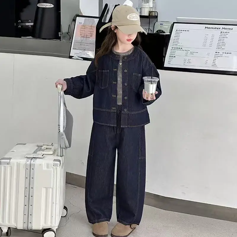 

Girls Suit Denim Long-sleeved Round Neck Jacket Plus Loose Wide-legged Trousers Two-piece Set 2025 Autumn and Winter New