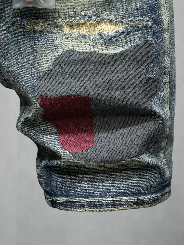 Newly Summer Designer Fashion Men Jeans Retro Blue Elastic Stretch Patched Vintage Ripped Short Jeans Hip Hop Denim Shorts Men