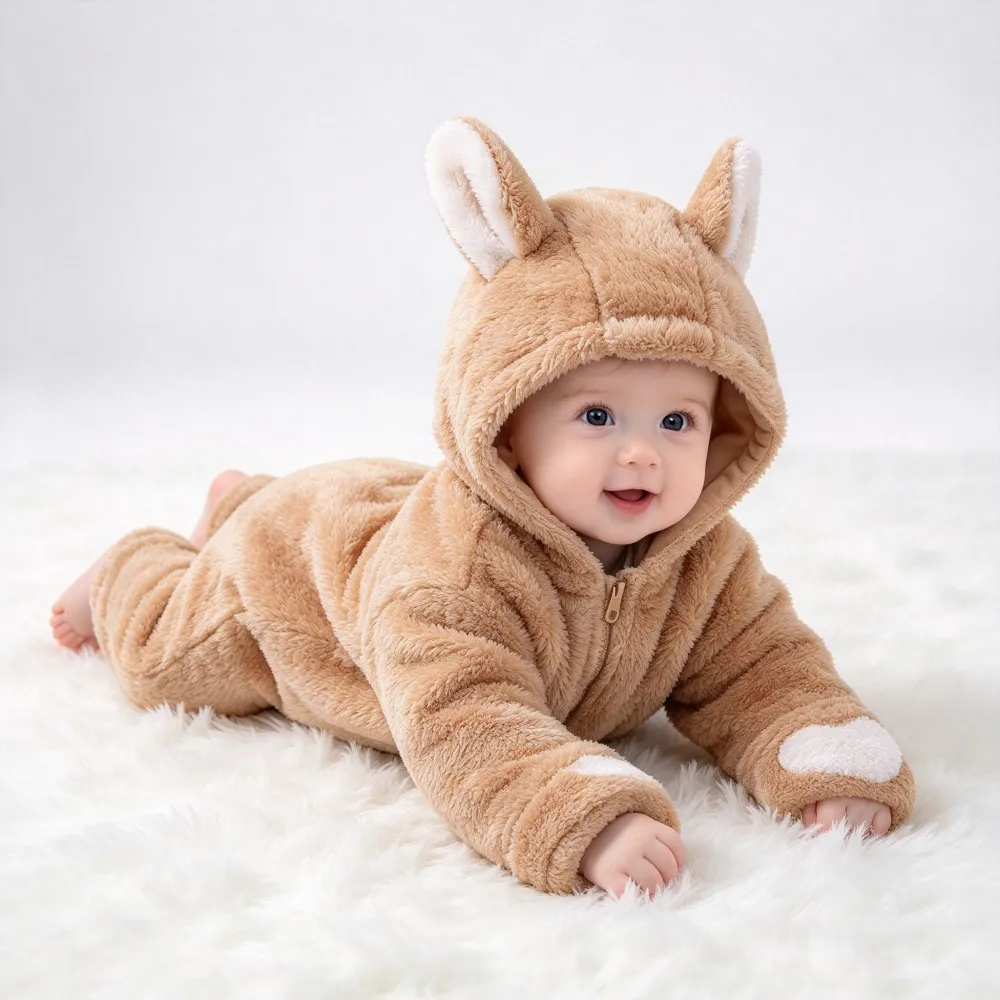 Fluffy Coral Fleece Baby Jumpsuit 0-18M, Cute Animal Hooded Romper, Panda Bunny Onesie, Newborn Zipper Warm Costume