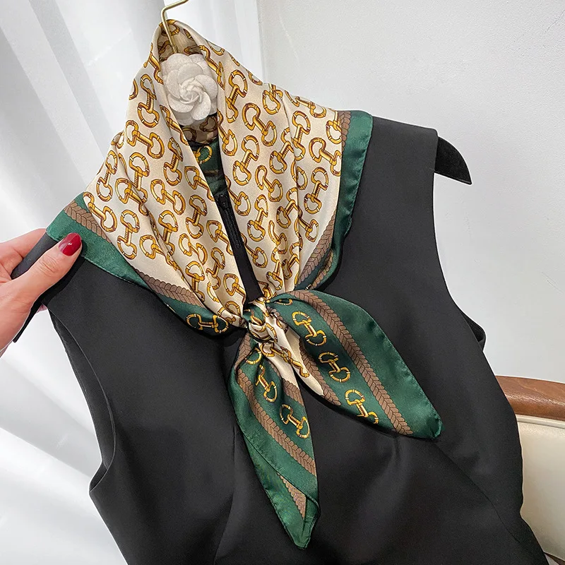 Women Shawl 2024 Floral Print Square Silk Hijab Hair Bands Neckerchief Fashion Female Satin Hijab Ribbon Headband  tie 70*70cm