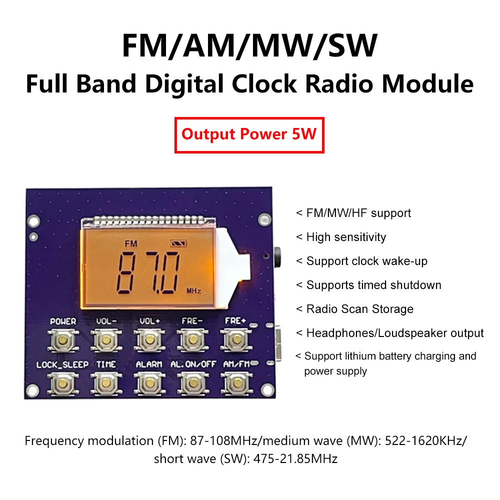 FM 87-108MH MW 522-1620KHz SW 4.75-21.85MHz Wireless Radio Receiver Board Station Auto Storage Digital Clock Radio Board