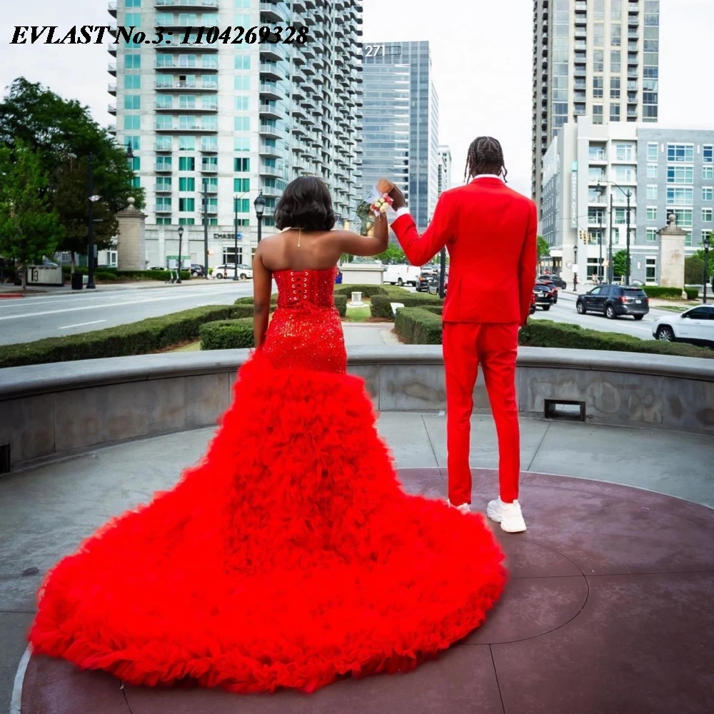 EVLAST Customized African Red Aso Ebi Mermaid Prom Dress High Slit Ruffles Crystal Beaded Evening Gown Robe De Soirée E3P527