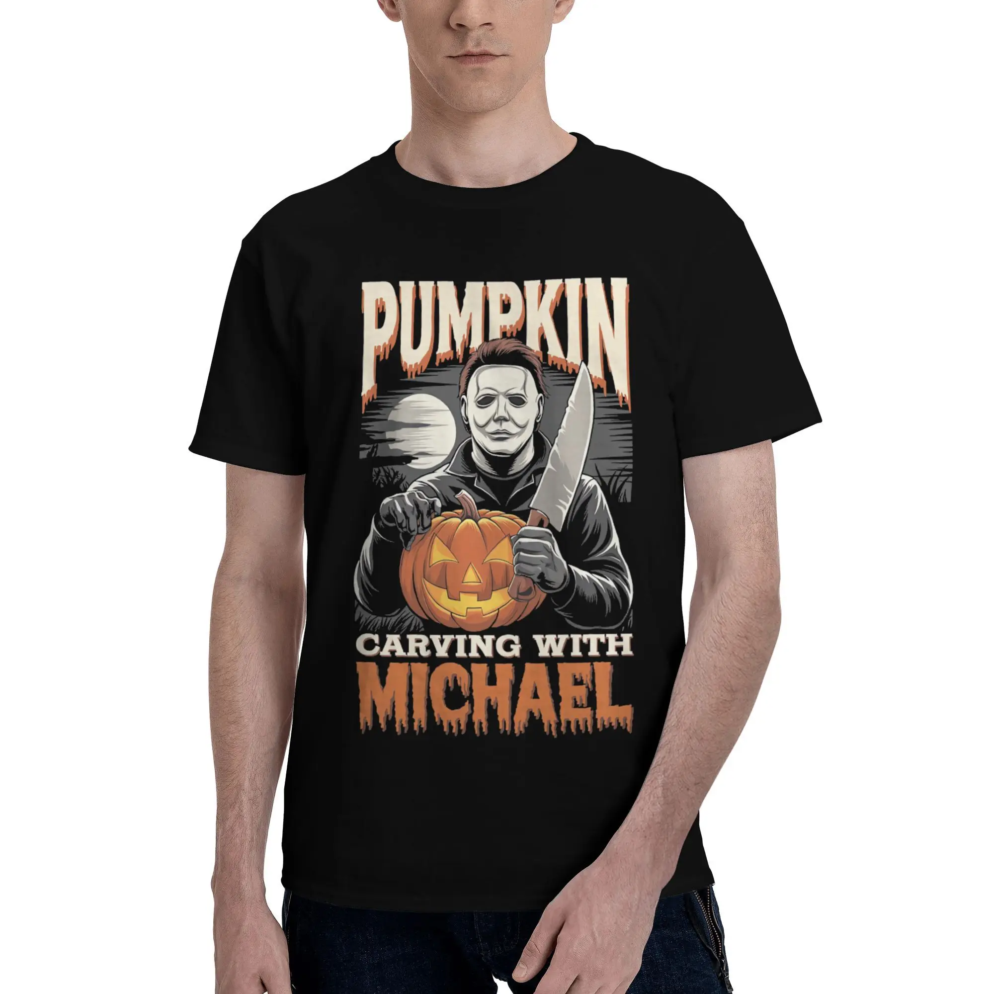 

Custom Pumpkins Carving With Michael Myers Halloween Tshirt for Men Short Sleeve T Shirt Cool T-shirt Loose Fit 100% Cotton Tee