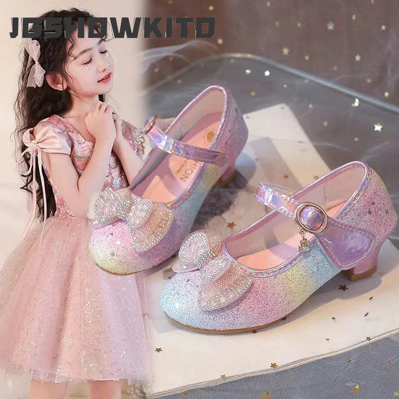 Glitter Elegant Girls High Heels Rainbow with Bow-knot Princess Sweet Kids Dress Shoes for Wedding Party High Heeled Chic New