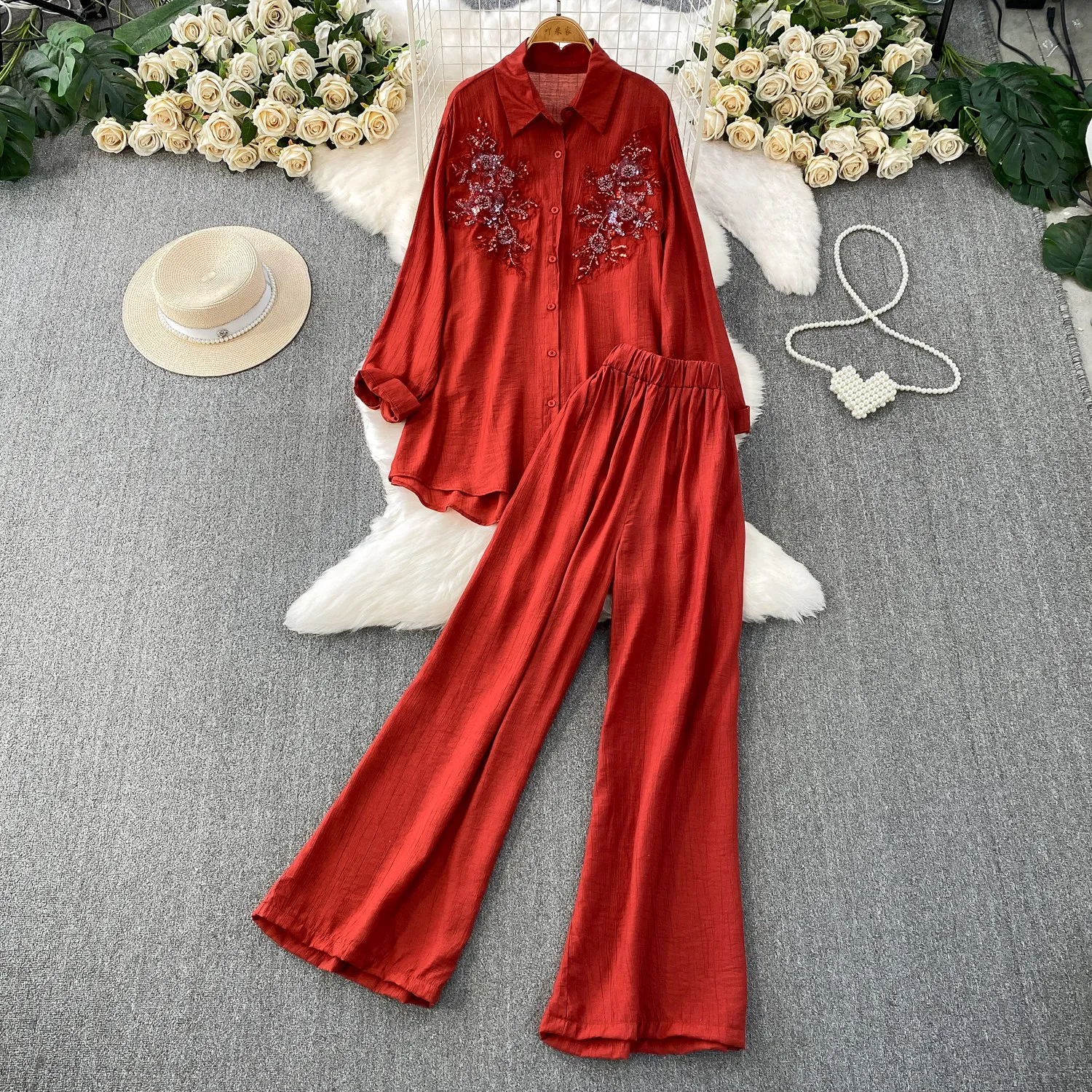 

SuperAen French Style Luxury Embroidered Sequined Long-sleeved Sun-protective Mid-length Shirts Women Casual Wide-leg Pants Sets