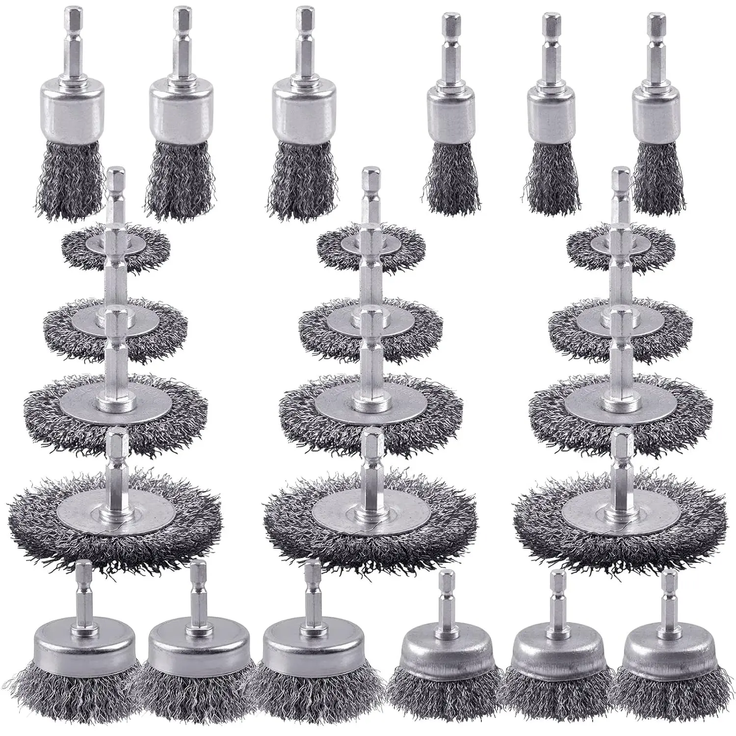 

24 PCS Wire Wheel Brush Set for Drill, Carbon Steel with 1/4" Hex Shank for Rust Removal
