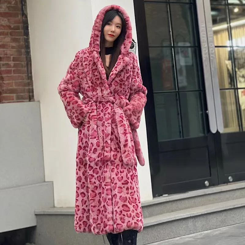 2022New Winter Women Real Hooded Rabbit Fur Coats   Fashion Long Pink Leopard Simple Warm Ladies Outerwear Luxurious Street