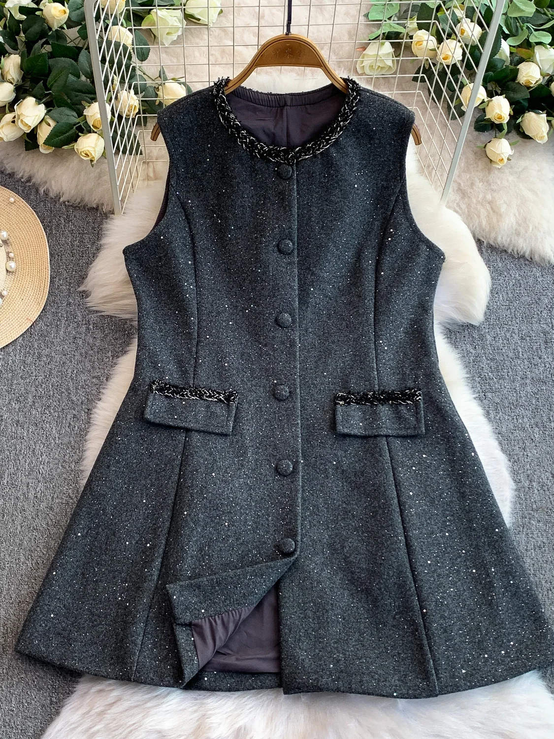 iny Paillettes rotonde Ne Midi Dr Gonna a trapezio dimagrante in materiale di lana da donna Ci Pendolarismo Adatto a vita alta