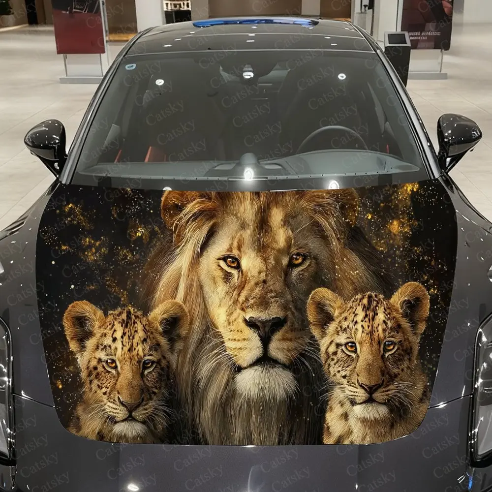 Gilded Light Lion Group Car Vinyl Wrap,PVC Waterproof Car Hood Sticker, Self-Adhesive Scratch-Resistant Sticker for Engine Cover