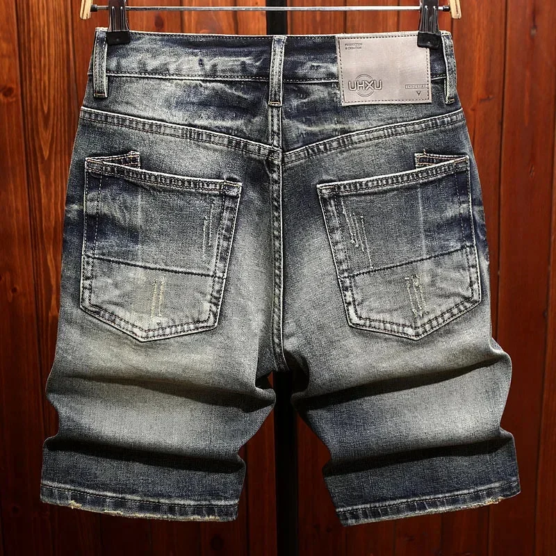 

Модные брендовые джинсовые шорты высокого класса, мужские летние ретро ностальгические синие эластичные модные уличные брюки пять четвертей
