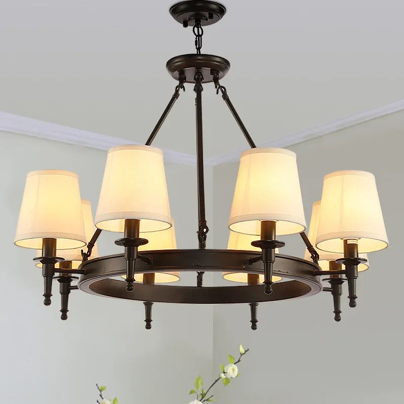 American Country Led Chandelier Fabric Lampshade Wrought Iron Lustre Bedroom Kitchen Lighting Living Room Ceiling Lamp Fixtures