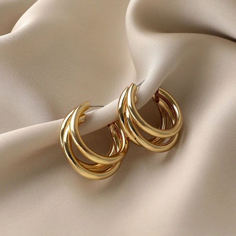 Minimalist Style Three-layer C-shaped Earring Light Luxury High-end Metal Hoop Earrings Simple Geometric Earrings Jewelry K-