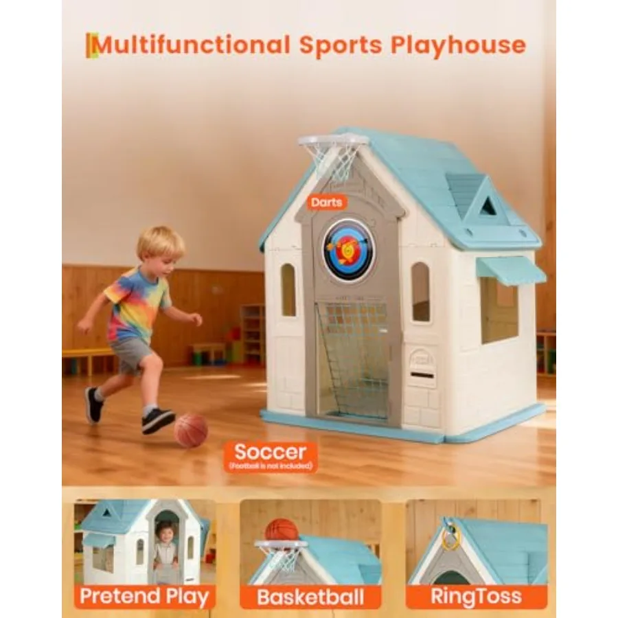 5-in-1 Outdoor Playhouse for:Basketball Hoop, Soccer Goal Dartboard; Indoor/Backyard Playset; Cottage-Style Playhouse for Ages