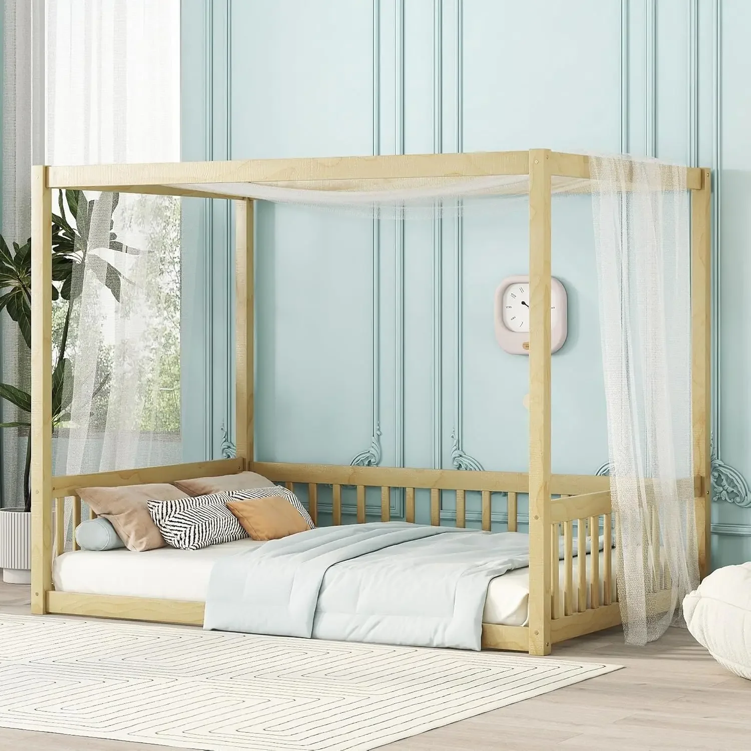 Size Canopy Bed Frame with Guardrails for Kids,Floor Bed Full with Four Poster Design,Kids Montessori Floor Bed,Wood Canopy Bed