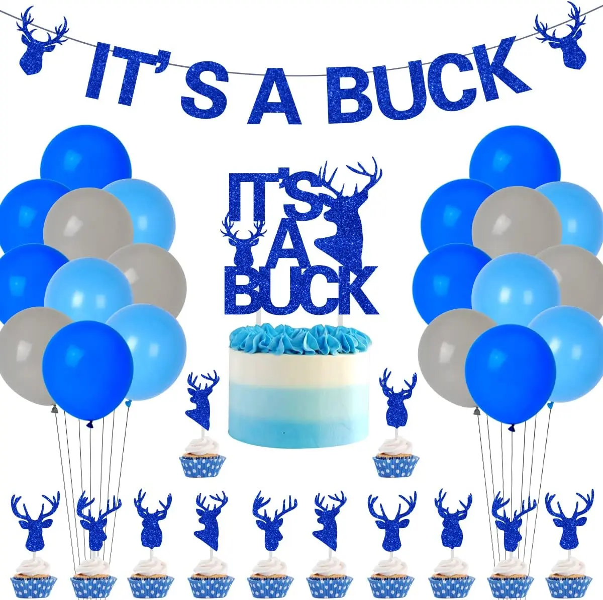 Deer Baby Shower Decorations for Boys IT’S A Buck Deer Glitter Banner Cupcake Topper Blue Balloons for Baby Shower Decorations